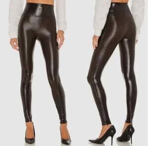 SPANX Faux Leather Brown Croc Shiny Leggings Size M *EUC